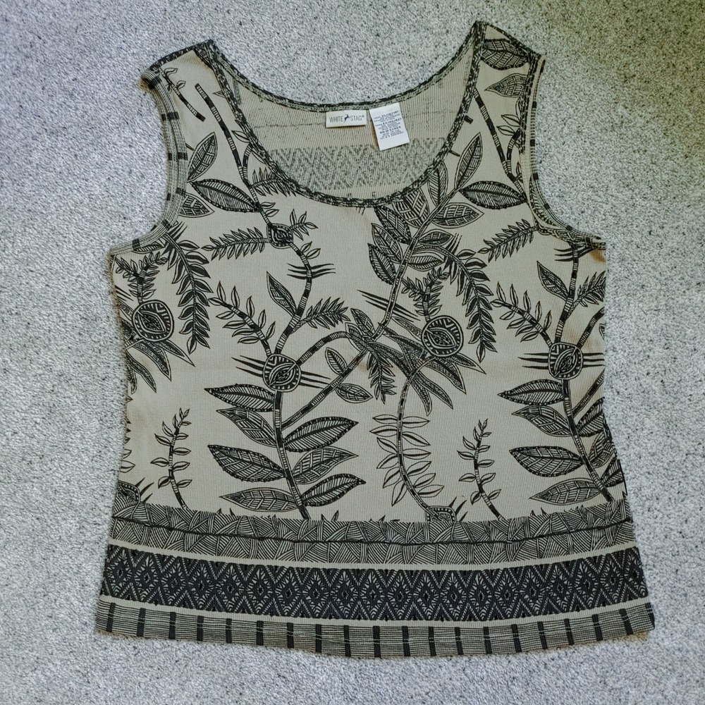 White Stag Women XL Kiwi Green Black Botanical Beaded Ribbed Knit Tank Top